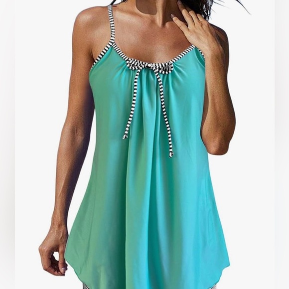 HOT Aqua Striped Top & 2 Black Boy shorts 
2025 Elegant 2 Piece Full Coverage - Picture 1 of 11